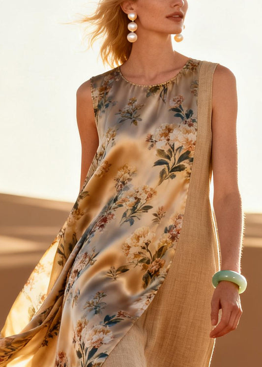 Women Khaki Asymmetrical Patchwork Linen Silk Maxi Dresses Summer