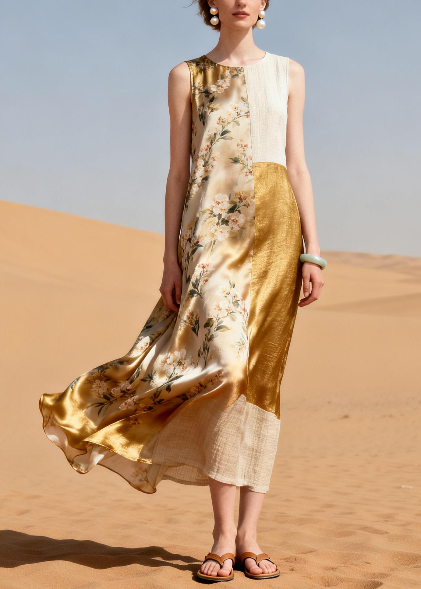 Women Khaki Asymmetrical Patchwork Silk Maxi Dress Summer