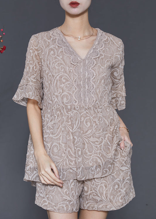 Women Khaki Jacquard Patchwork Lace Two Pieces Set Summer