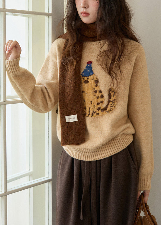 Women Khaki O Neck Animal Knit Sweater Winter