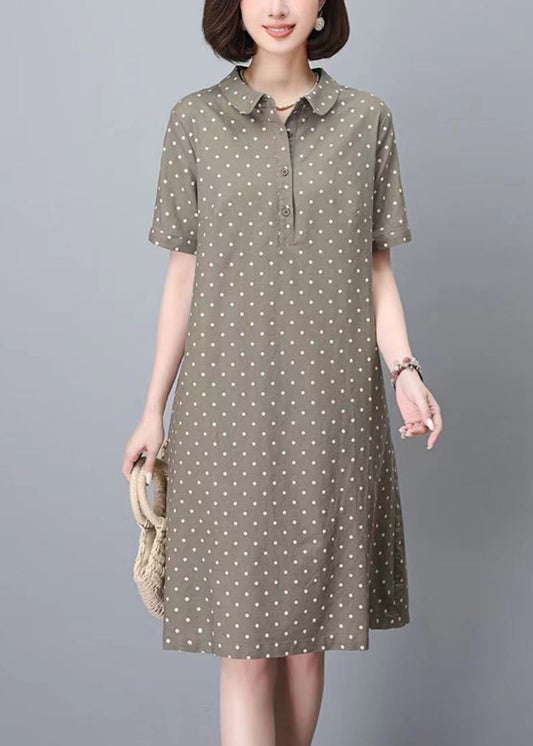 Women Khaki Peter Pan Collar Dot Print Work Dress Summer