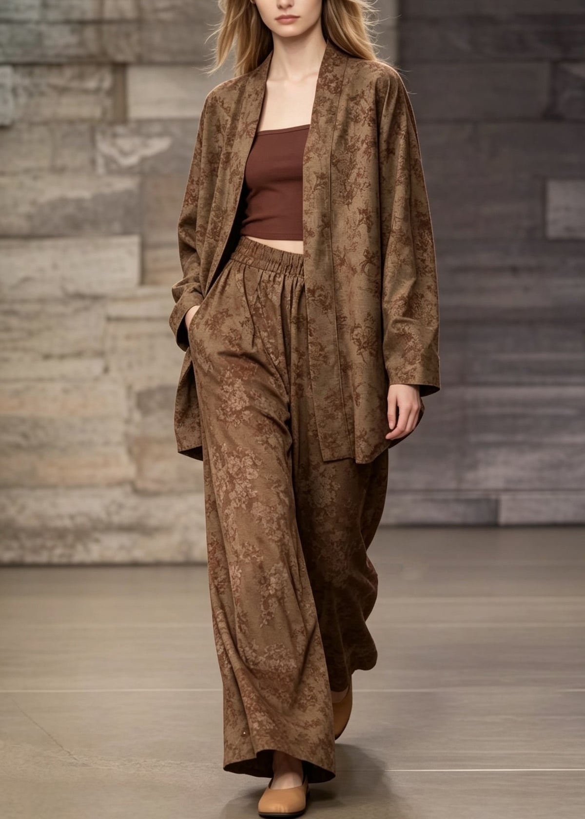 Women Khaki Print Cardigans And Pants Cotton Two Piece Suit Set Fall