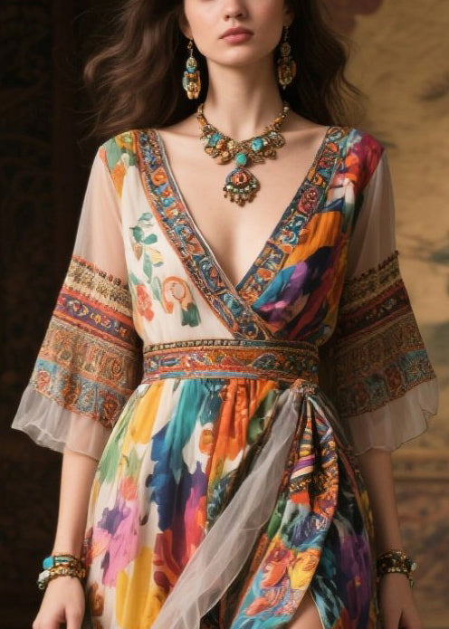 Women Khaki Print Exra Large Hem Chiffon Long Dresses Summer