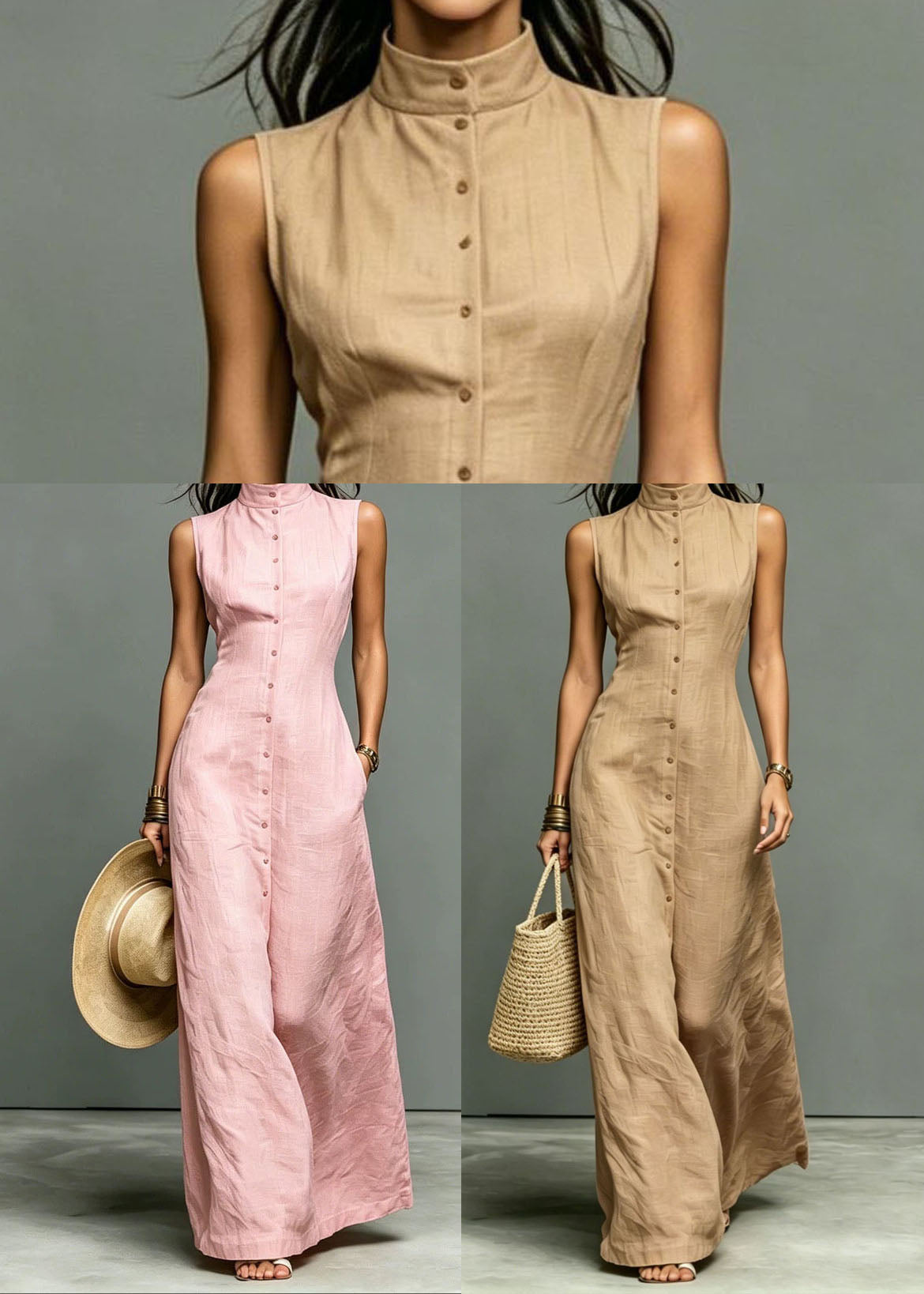 Women Khaki Stand Collar Cotton Long Dress Sleeveless