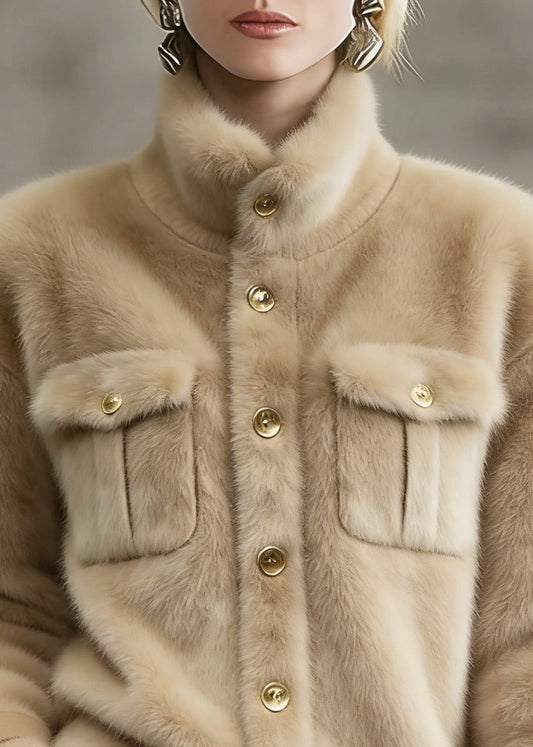 Women Khaki Stand Collar Pockets Faux Fur Coats Winter