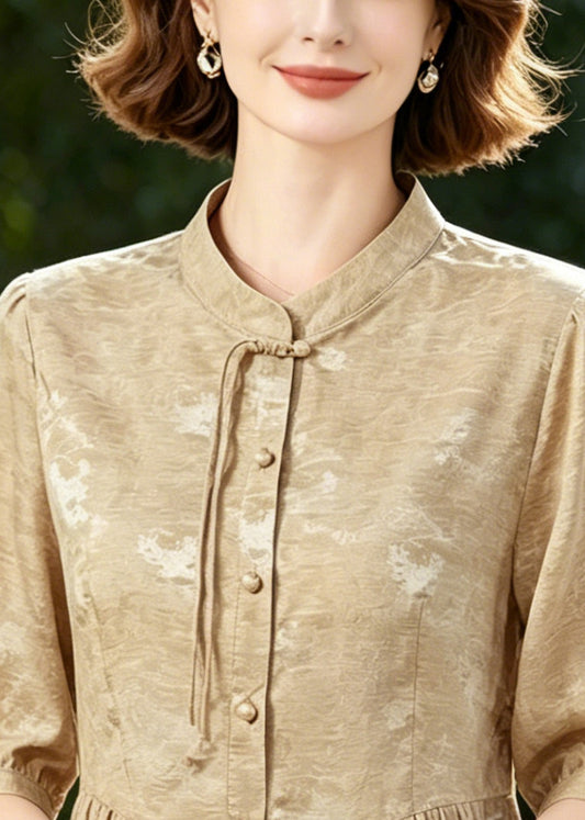 Women Khaki Tasseled Wrinkled Silk Blouse Tops Half Sleeve