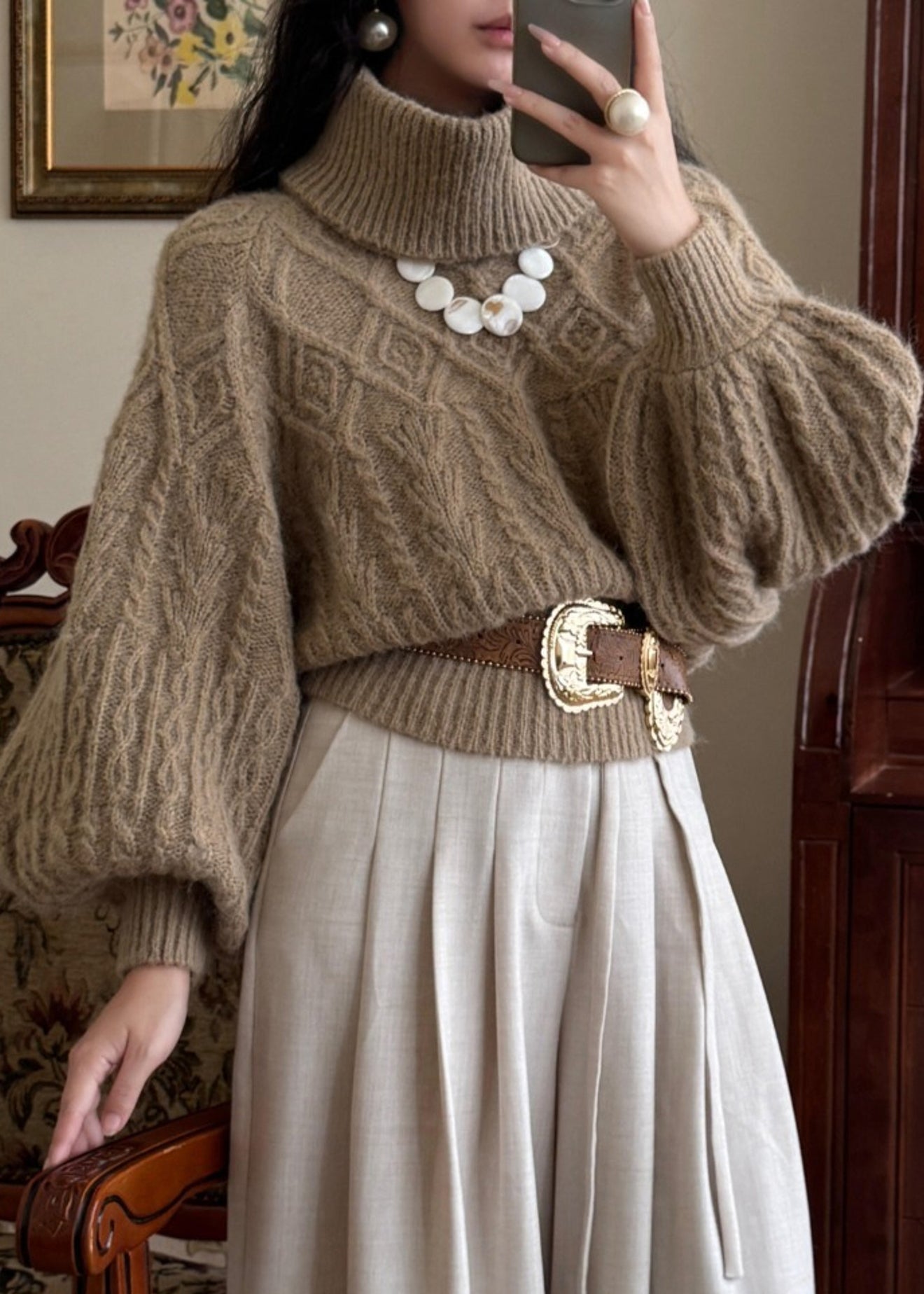 Women Khaki Turtleneck Thick Cable Cotton Knit Sweaters Puff Sleeve