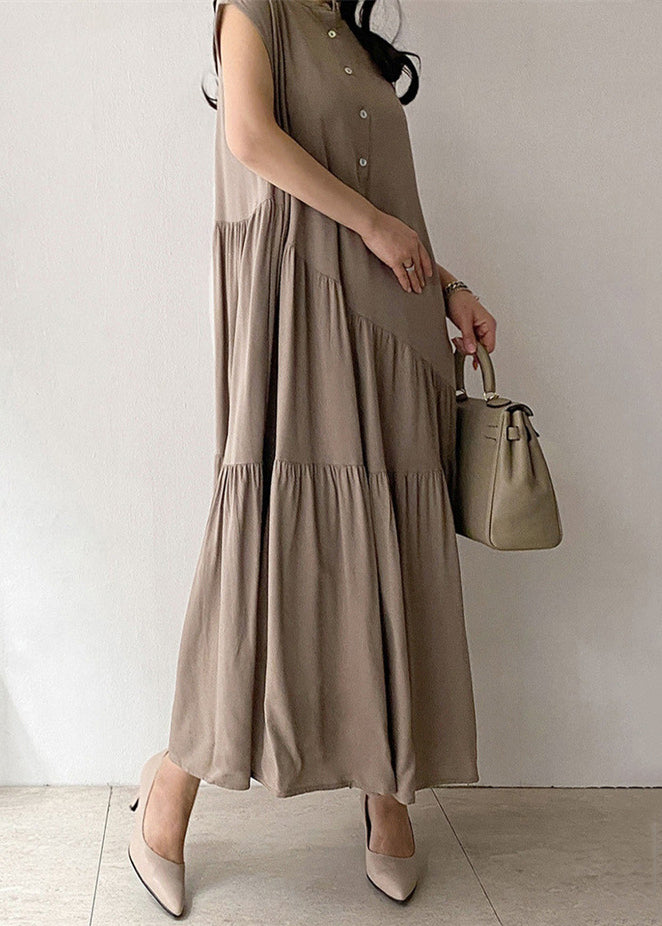 Women Khaki Wrinkled Button Pockets Cotton Long Dress Summer
