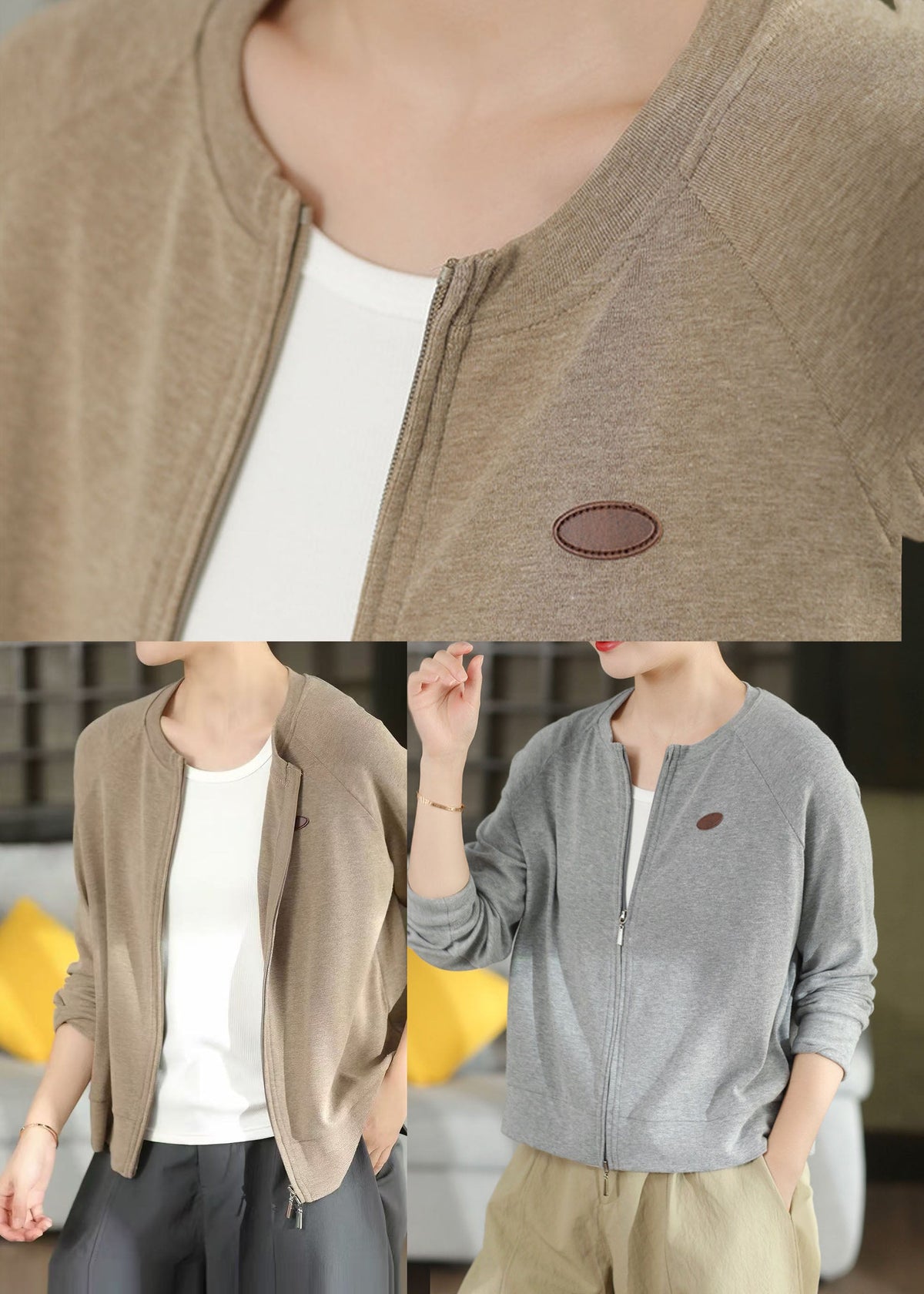 Women Khaki Zip Up Cotton Coat Fall