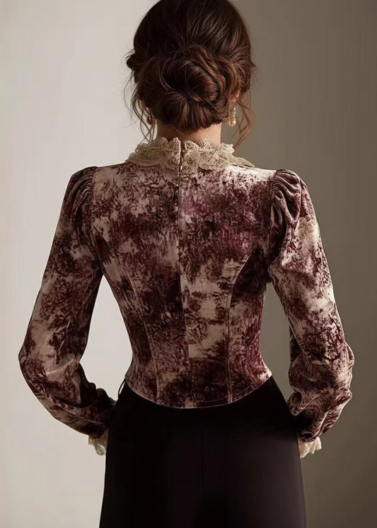 Women Lace Print Patchwork Cotton Tops Spring