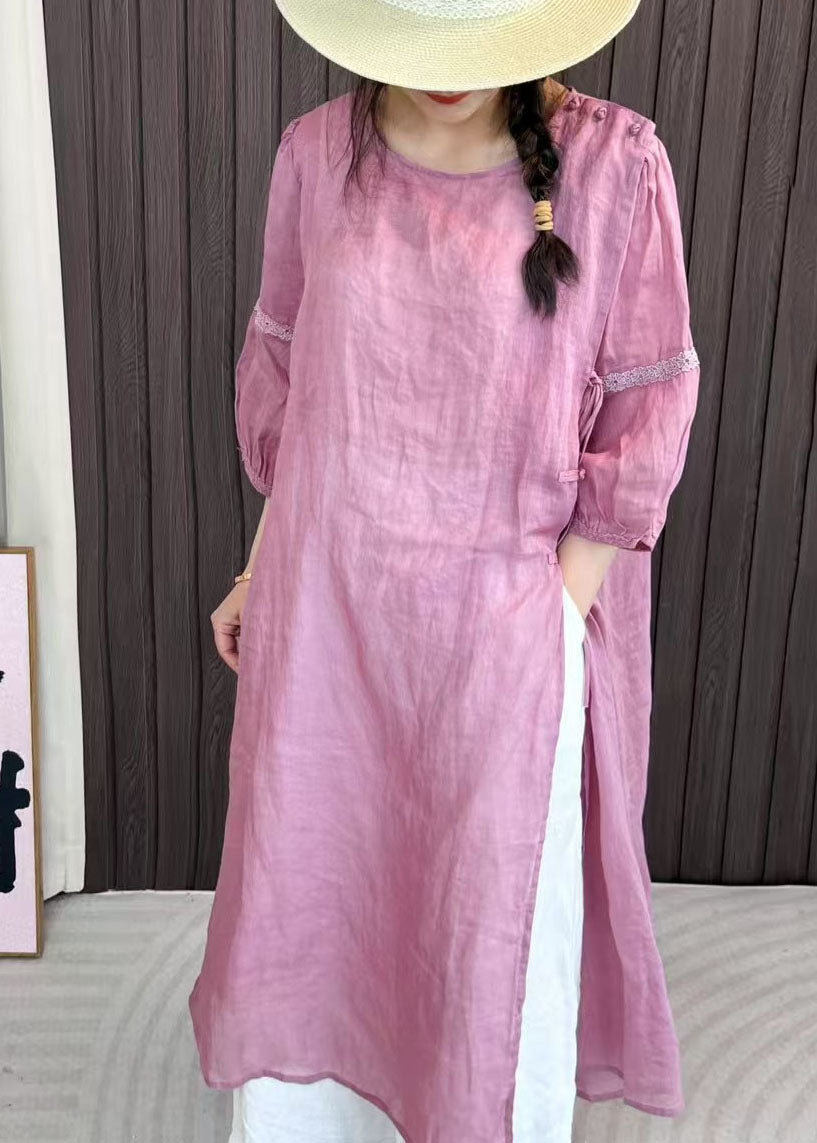 Women Lake Green Patchwork Lace Up Linen Dress Bracelet Sleeve