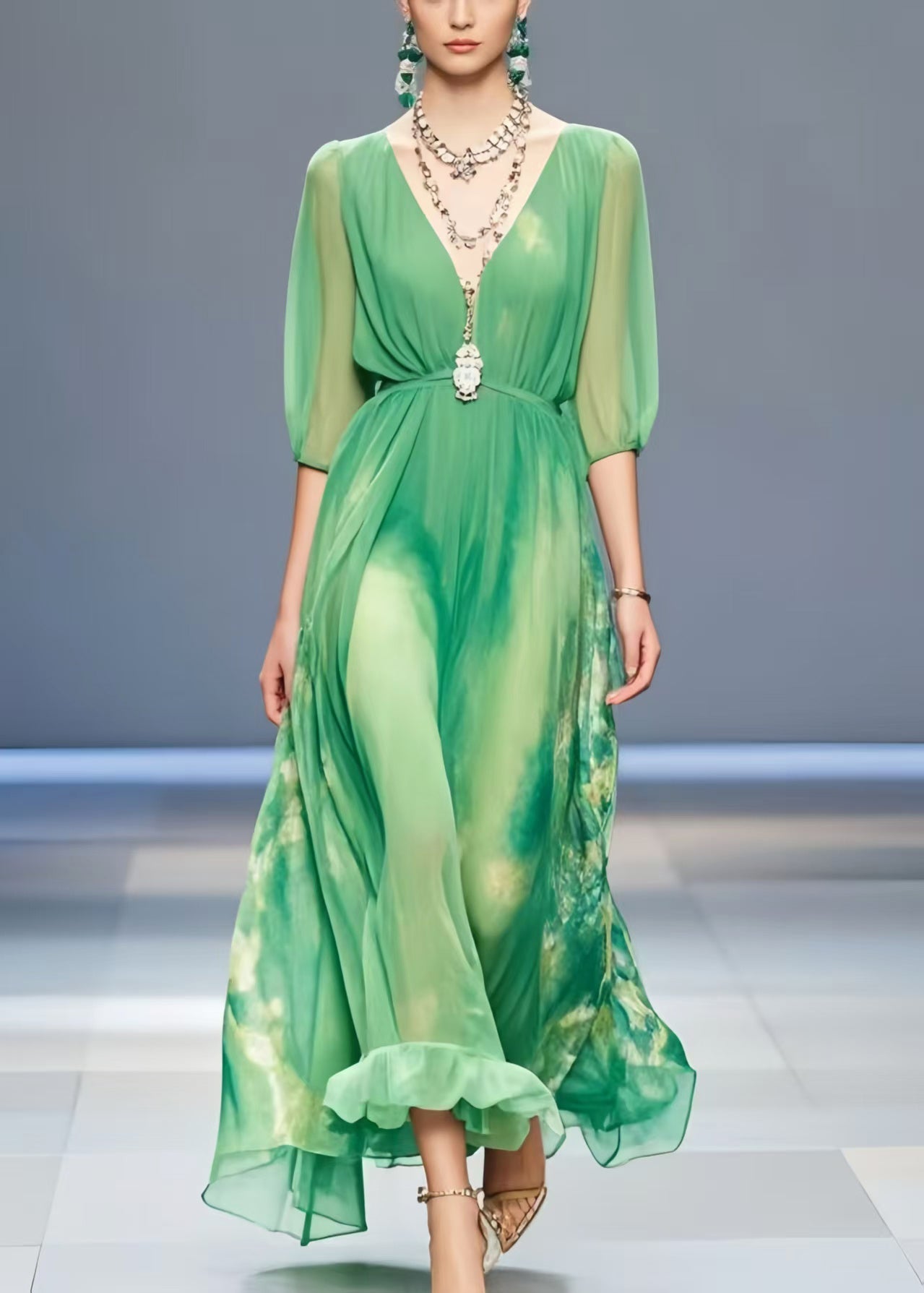Women Lake Green Tie Dye Chiffon Long Dress Summer