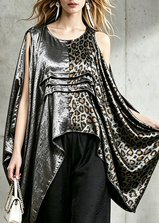 Women Leopard PatchworkO-Neck Asymmetrical Blouse Top Fall