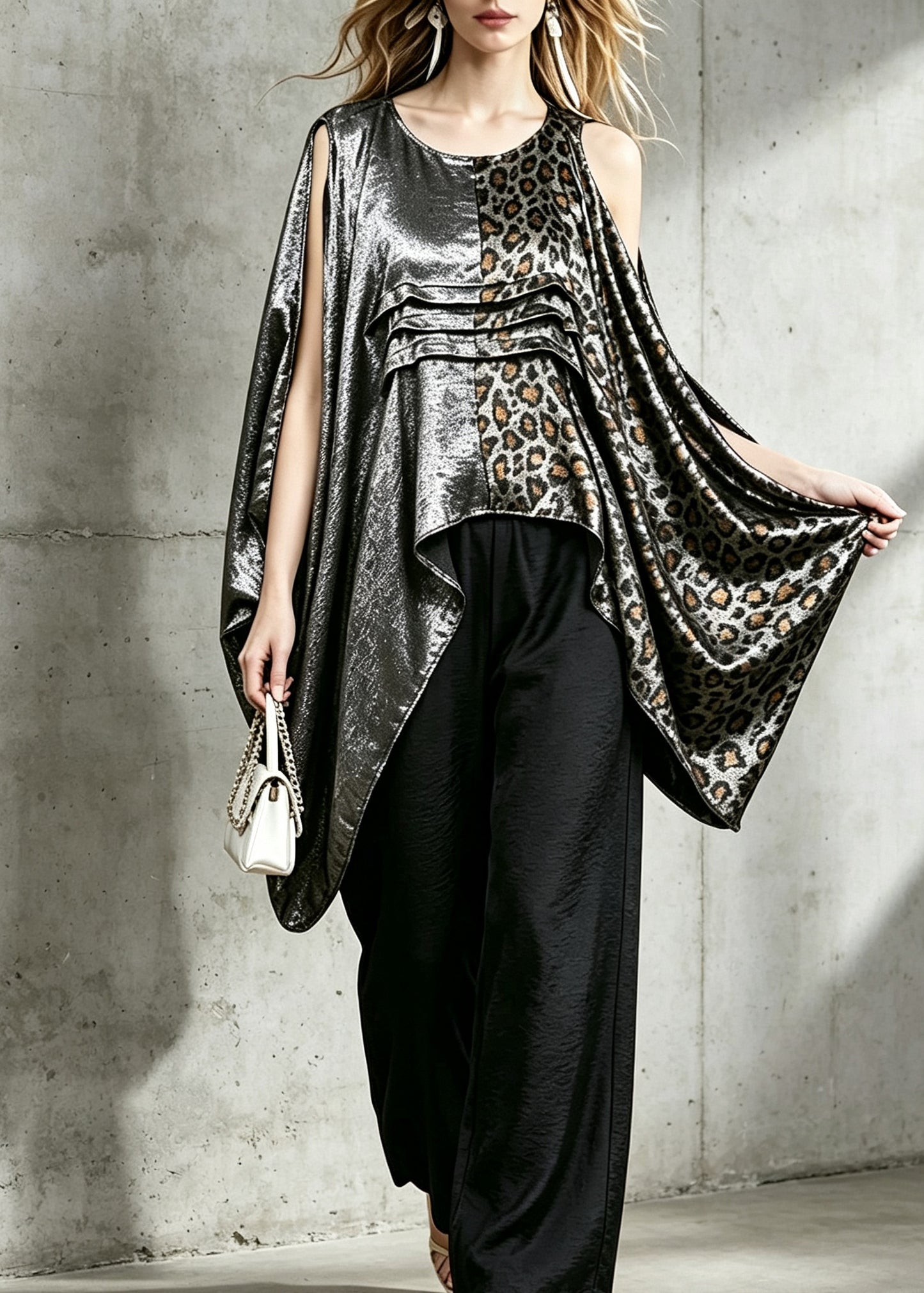 Women Leopard PatchworkO-Neck Asymmetrical Blouse Top Fall