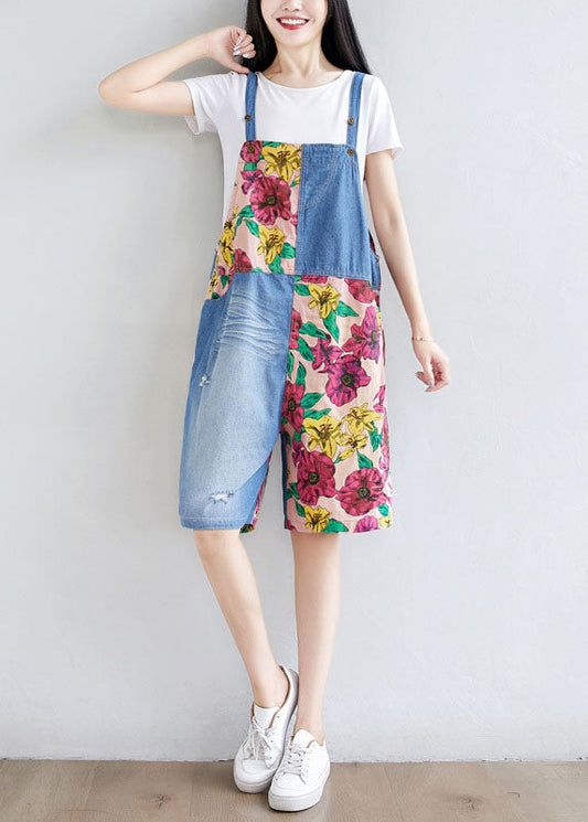 Women Light Blue Patchwork Print Cotton Overalls Jumpsuit Shorts Summer