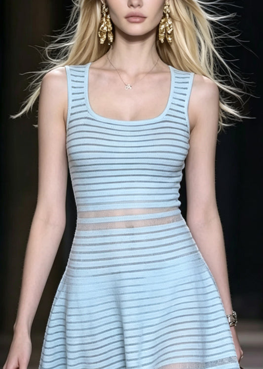 Women Light Blue U Neck Sheer Knit Mini Dress Sleeveless