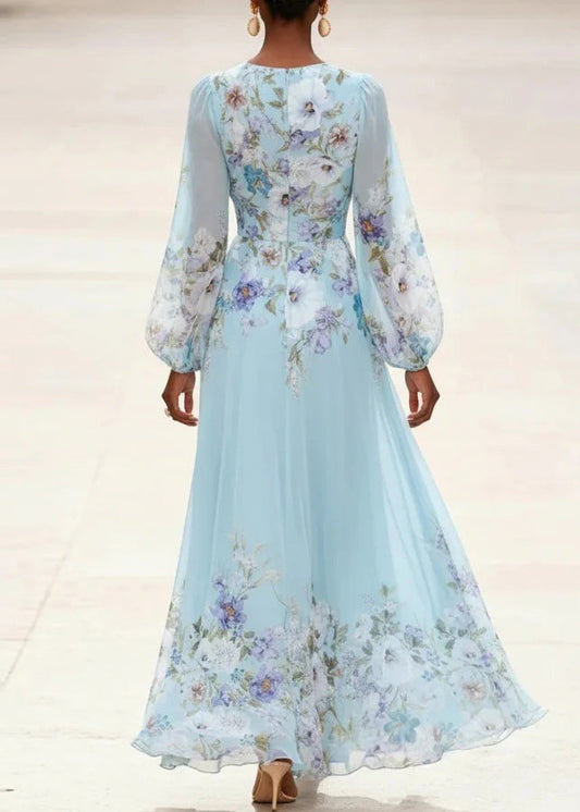 Women Light Blue V Neck Print Patchwork Chiffon Dress Long Sleeve