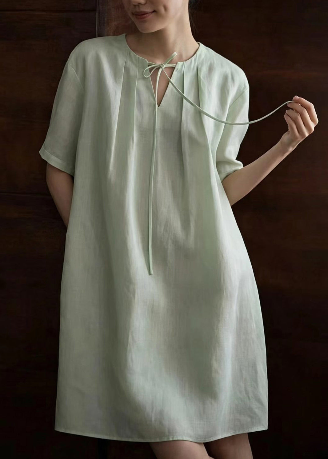 Women Light Green V Neck Lace Up Pleated Tea Dress Summer