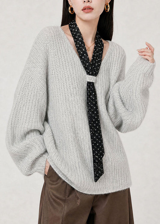 Women Light Grey V Neck Lace Up Knit Sweaters Winter