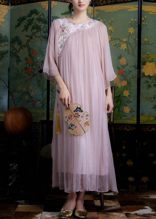 Women Light Purple Embroidered Silk Ankle Dress Summer