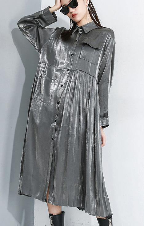 Women Long Sleeve Lapel Collar Loose Casual Oversize Midi Dresses - SooLinen