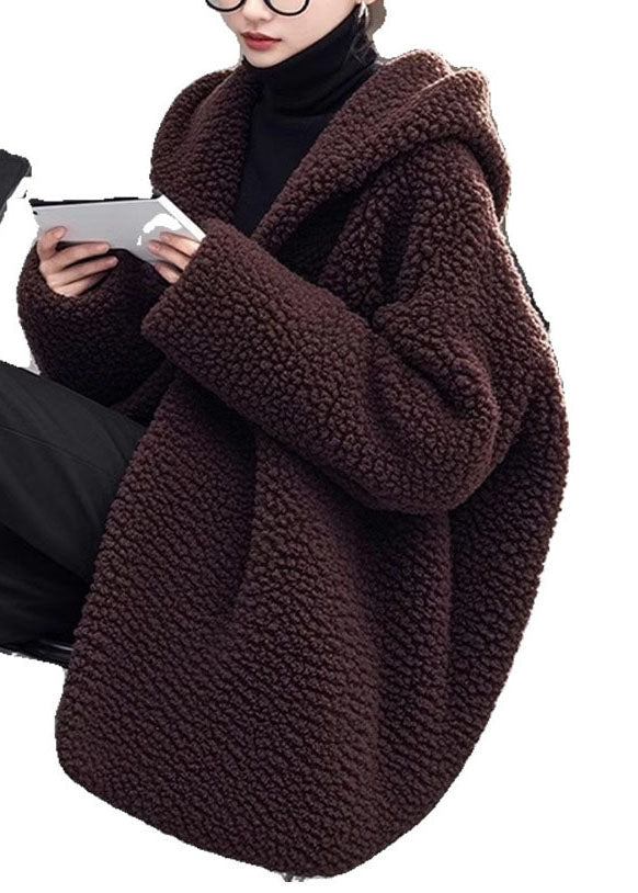 Women Loose Brown Hooded Faux Fur Coat Winter
