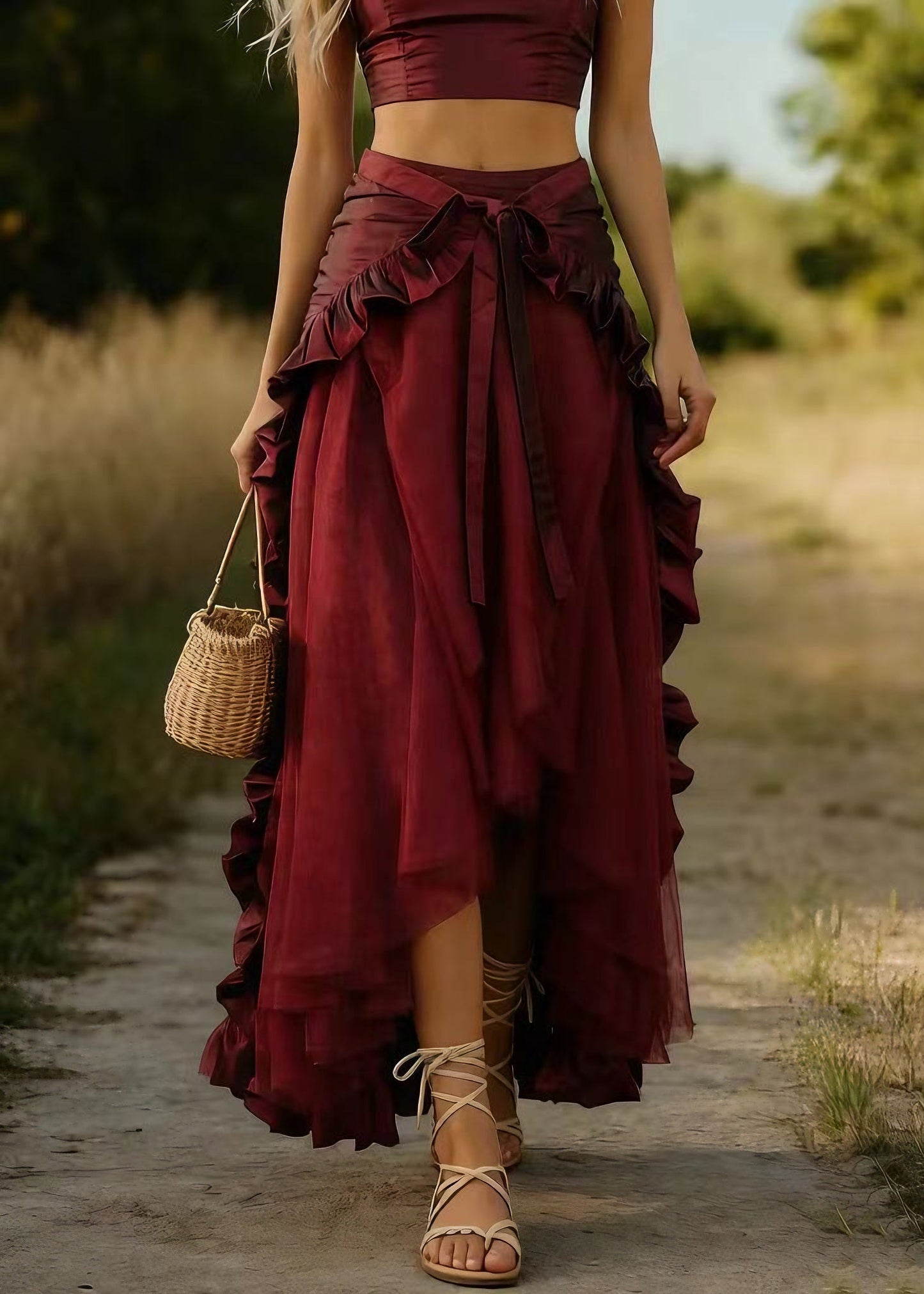 Women Mulberry Ruffled Patchwork Tulle Skirts Spring