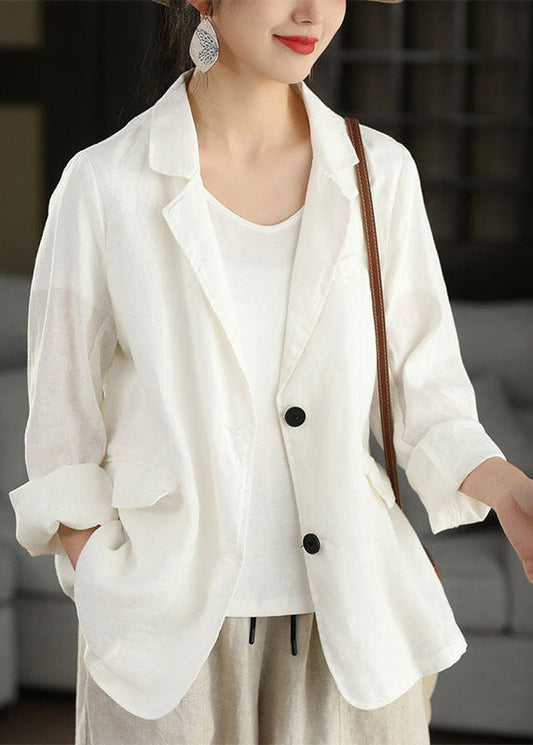 Women Navy Peter Pan Collar Pockets Linen Coats Long Sleeve