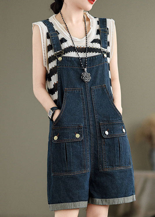 Women Navy Pockets Denim Overalls Jumpsuit Summer