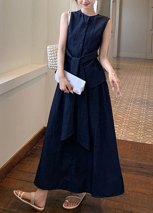 Women Navy Tie Waist Shirts And Maxi Skirts Two Piece Set Summer
