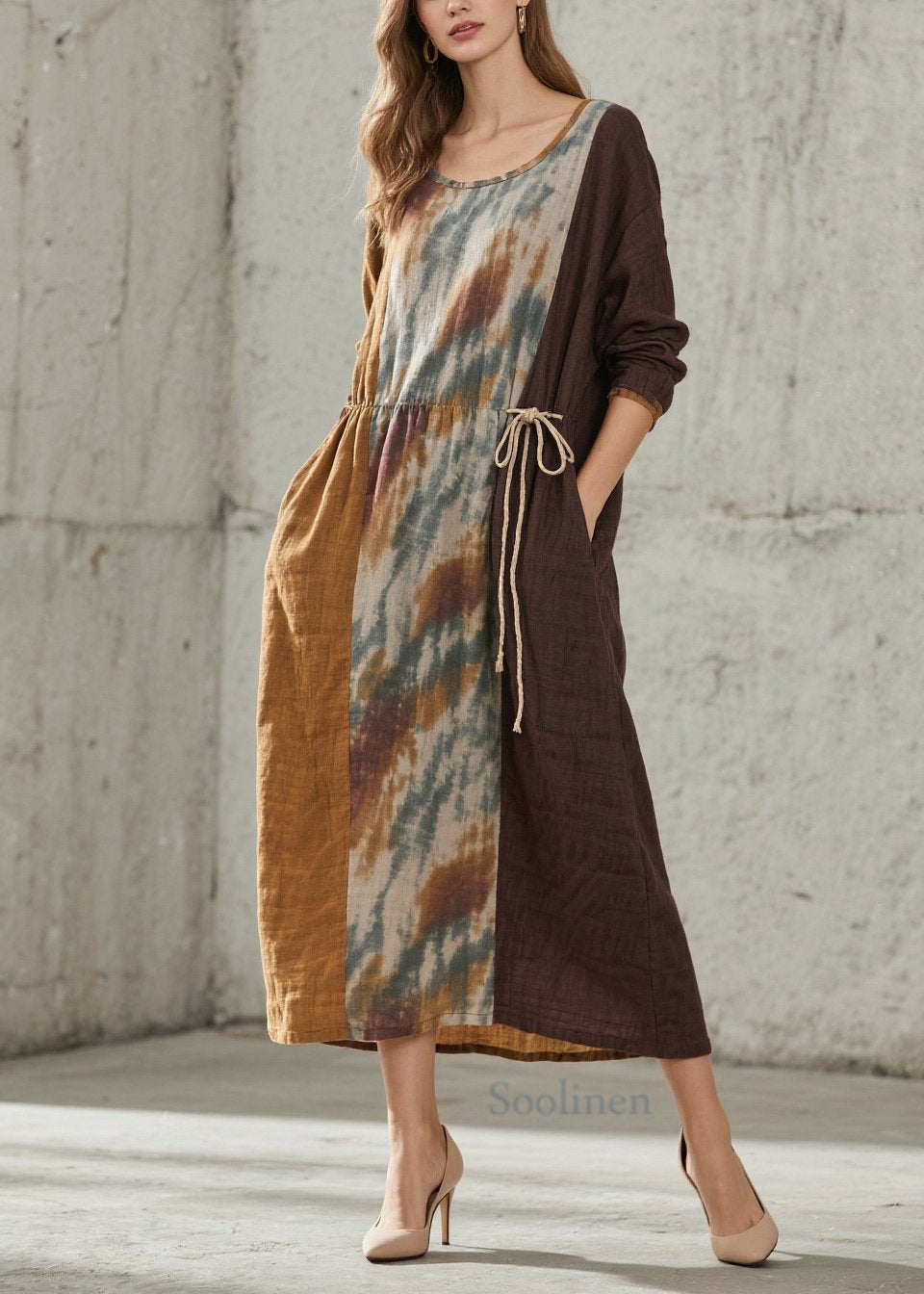 Women O Neck Print Lace Up Cotton Maxi Dresses Fall