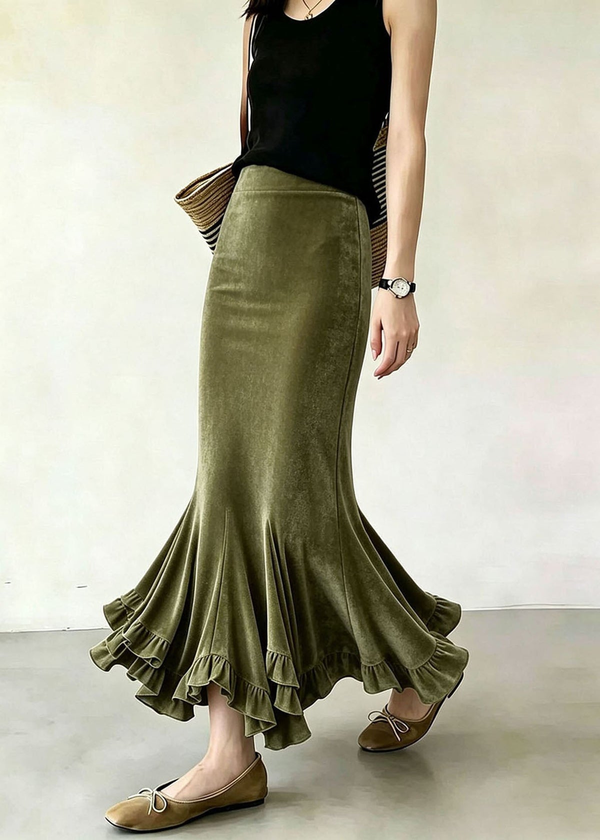 Women Olive Green Asymmetrical Ruffled Silk Velvet Mermaid Skirts Fall
