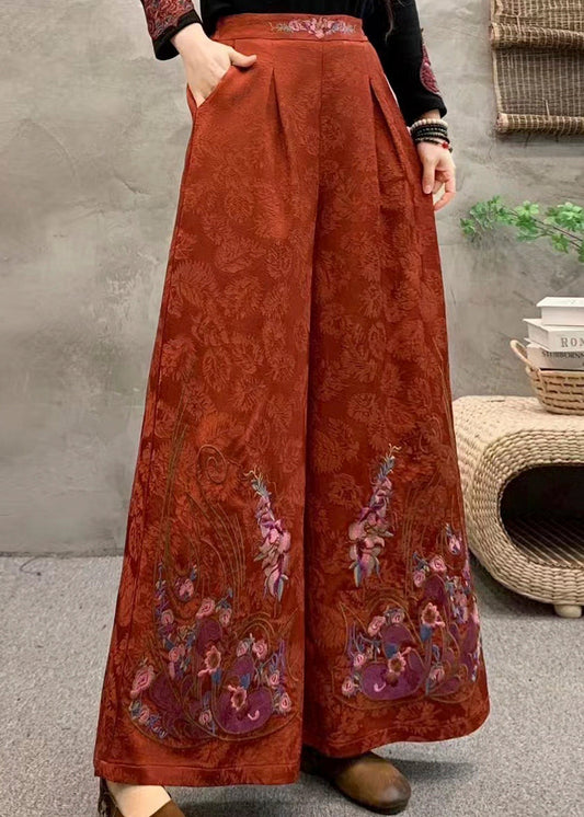 Women Orange Embroidered Pockets Warm Fleece Pants Trousers Winter