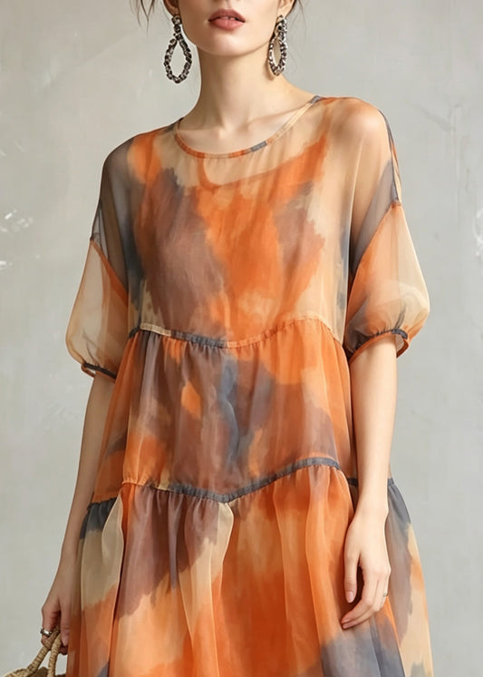 Women Orange O-Neck Tulle Long Dress And Vest Two-Piece Set Summer