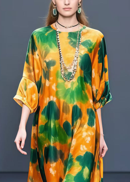 Women Orange Oversized Leaf Print Chiffon Dress Half Sleeve