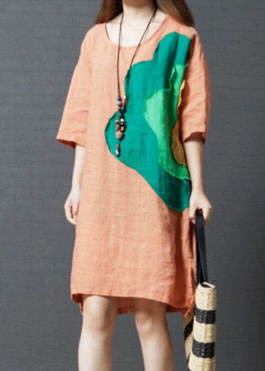 Women Orange Oversized Patchwork Cotton Vacation Dress Summer