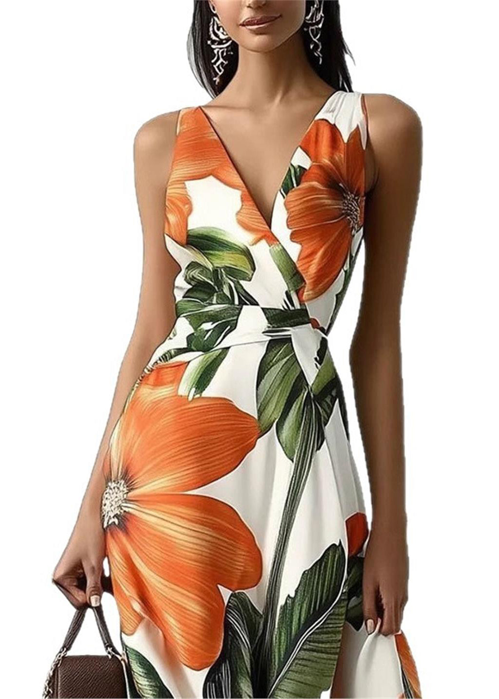 Women Orange Print Exra Large Hem Chiffon Party Dresses Summer