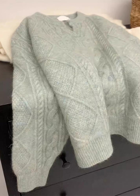 Women Orange V Neck Thick Cable Knit Sweater Winter