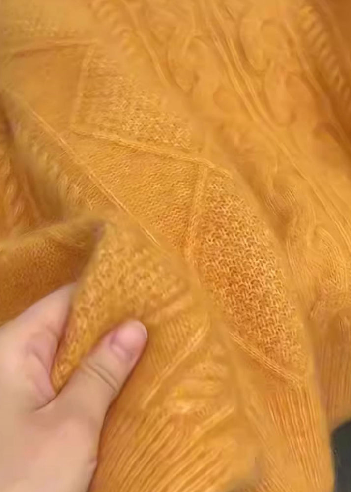 Women Orange V Neck Thick Cable Knit Sweater Winter