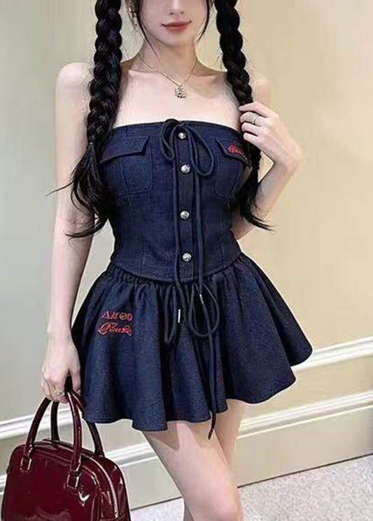 Women Patchwork Tie Lace Top And A Line Skirts Two Piece Set Summer