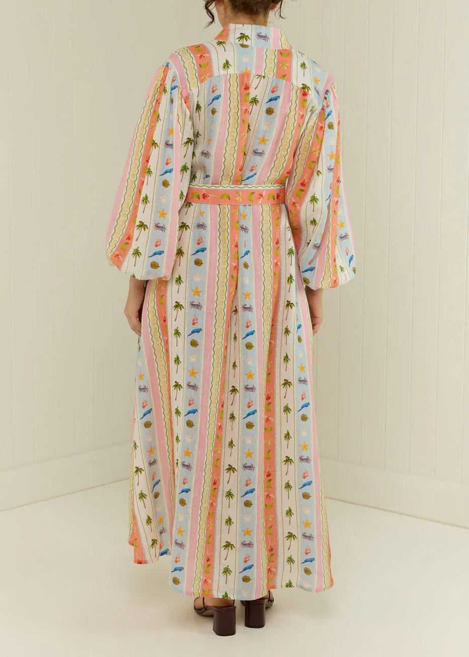 Women Peter Pan Collar Print Sashes Cotton Dress Long Sleeve