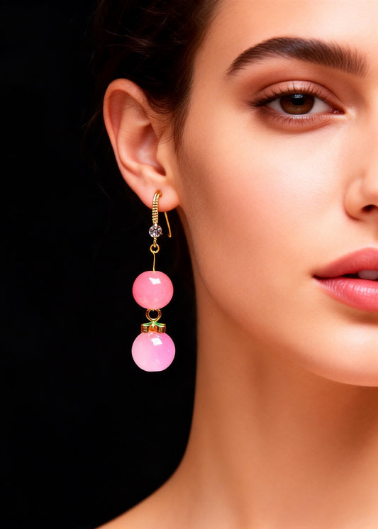Women Pink Acrylic Ball Zircon Drop Earrings