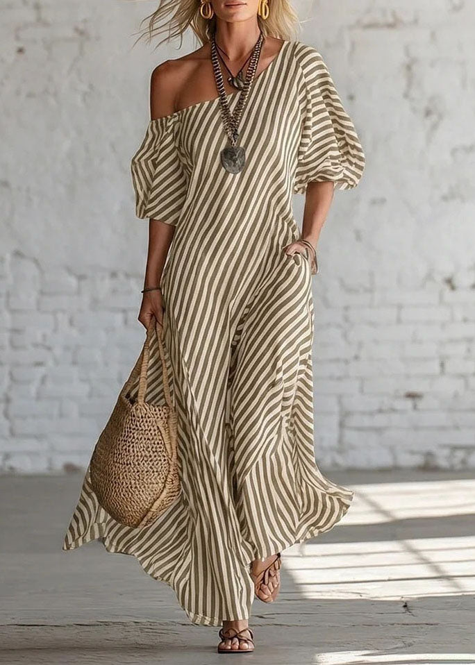 Women Pink Cold Shoulder Striped Cotton Dress Summer