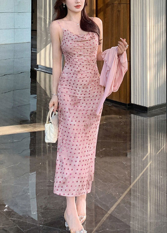 Women Pink Dot Holiday Tulle Maxi Spaghetti Strap Dress Summer