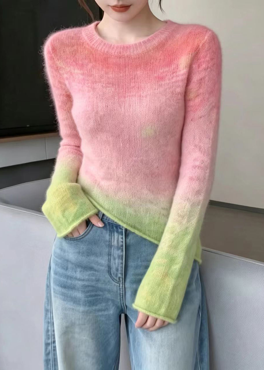 Women Pink Gradient Asymmetrical Knit Sweater Long Sleeve