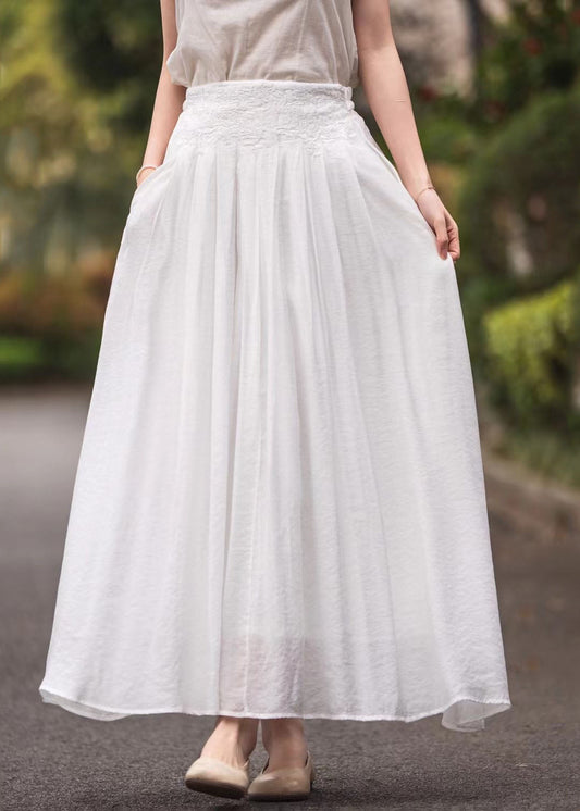 Women Pink High Waist Embroidered Wrinkled Linen Skirts Summer