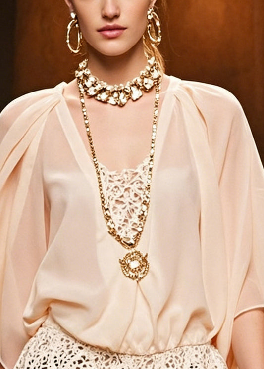 Women Pink Hollow Out Lace Patchwork Chiffon Shirts Batwing Sleeve