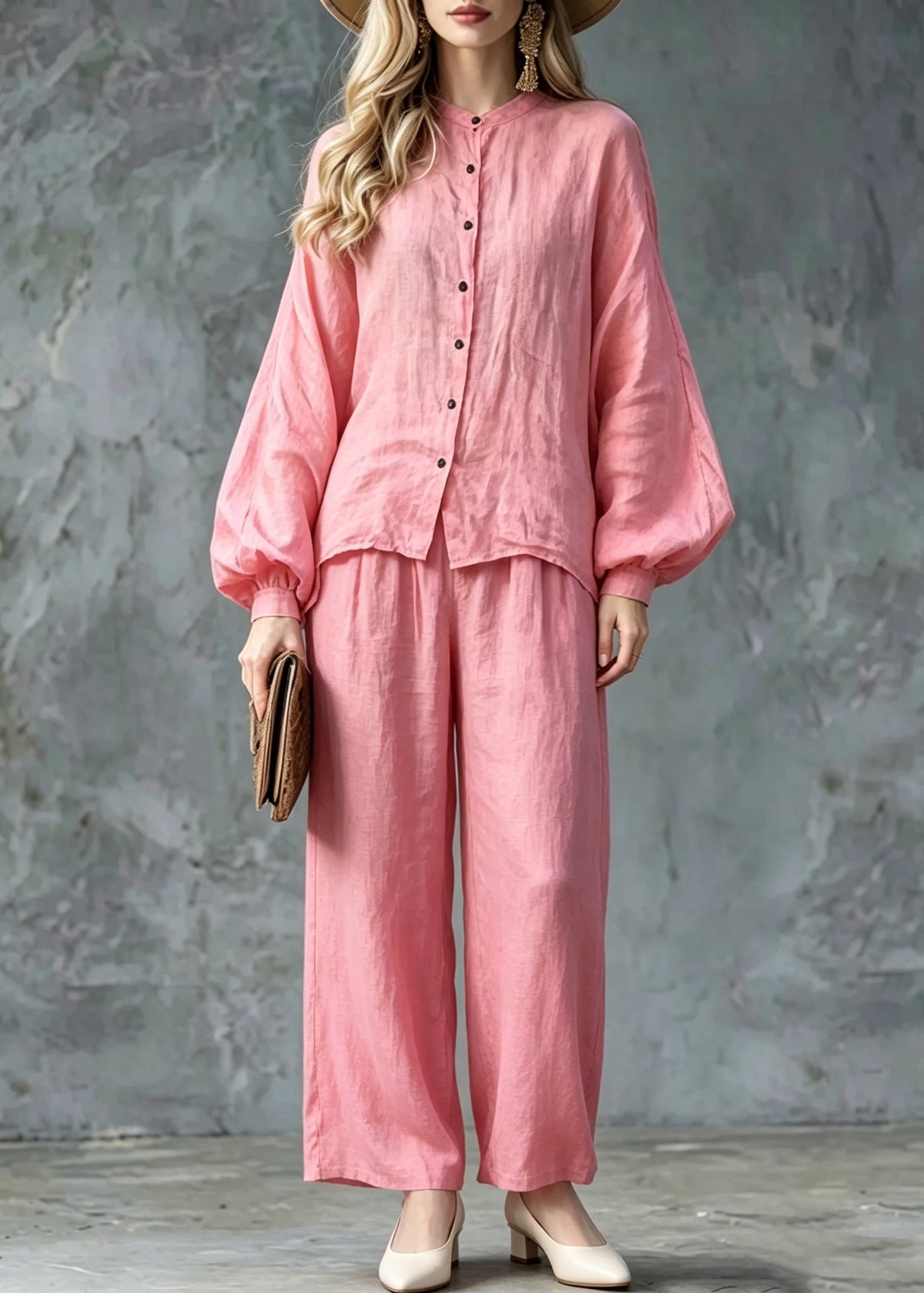 Women Pink O-Neck Button Shirts And Wide Leg Pants Two Pieces Set Lantern Sleeve