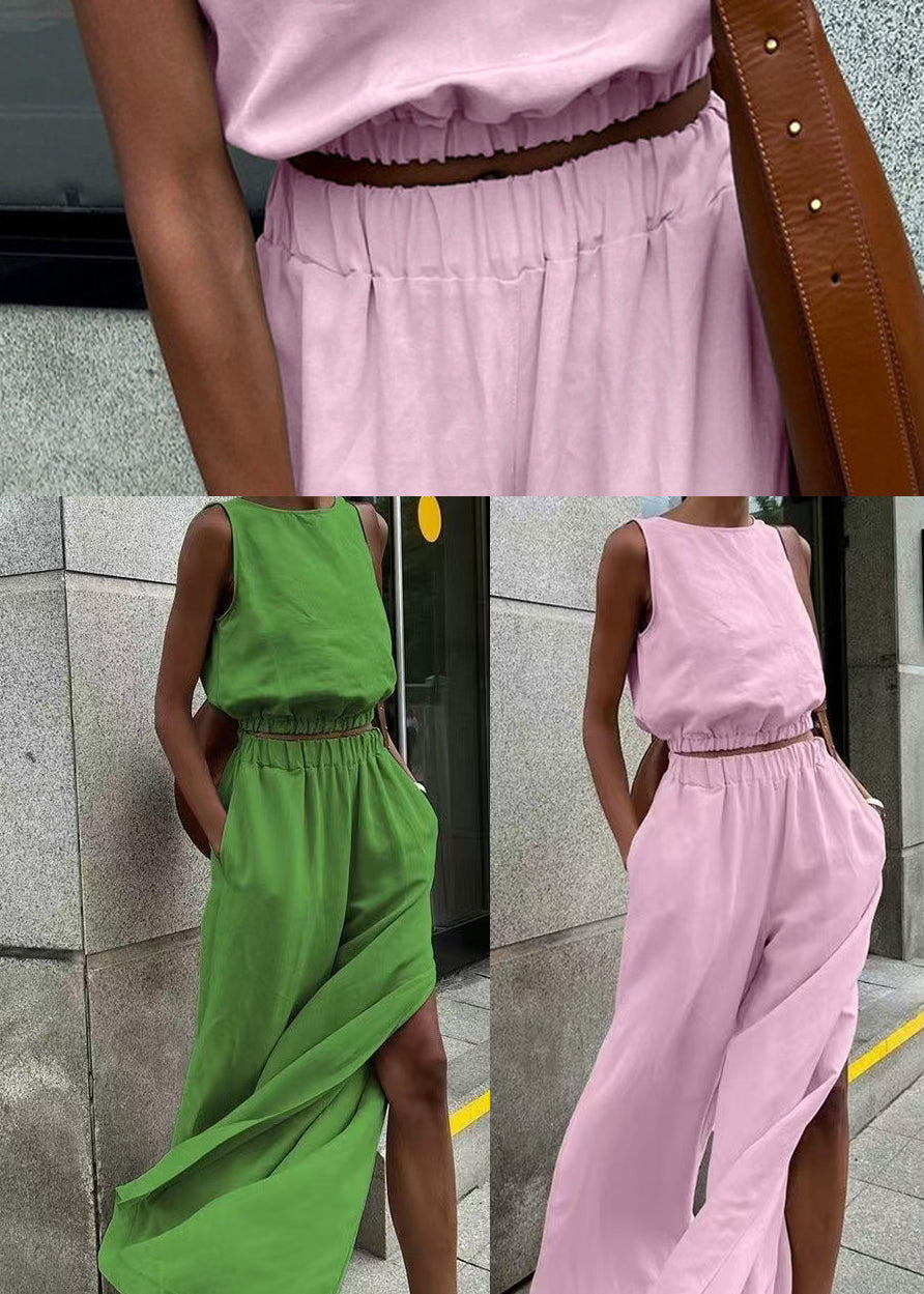 Women Pink O-Neck Side Open Linen 2 Piece Outfit Sleeveless
