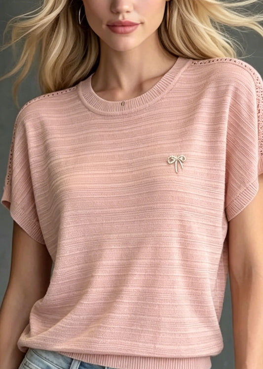 Women Pink O Neck Zircon Ice Silk Knit T Shirts Summer